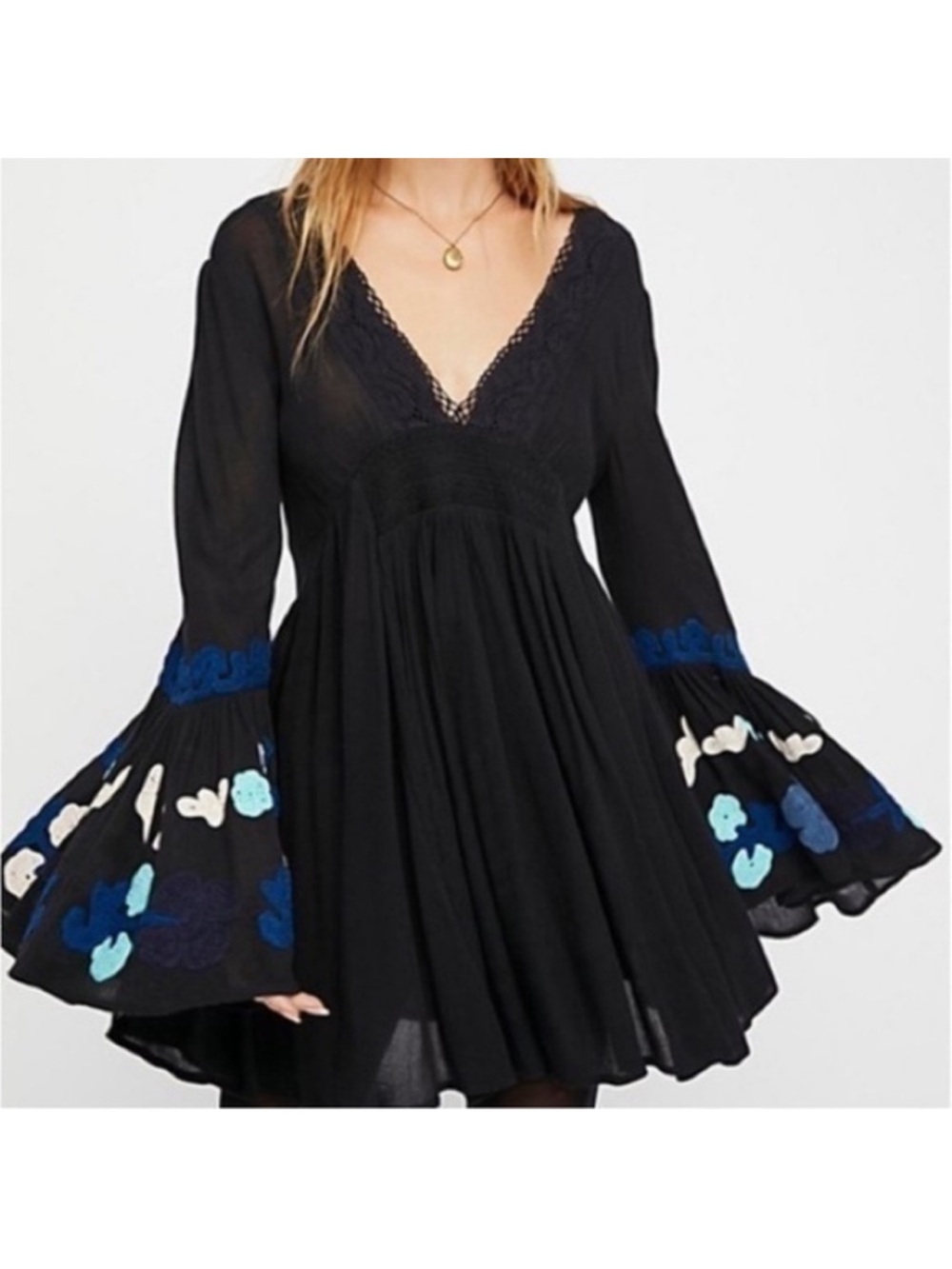 Free People So In Love Embroidered Embellished Bell Sleeve Dress Size XS